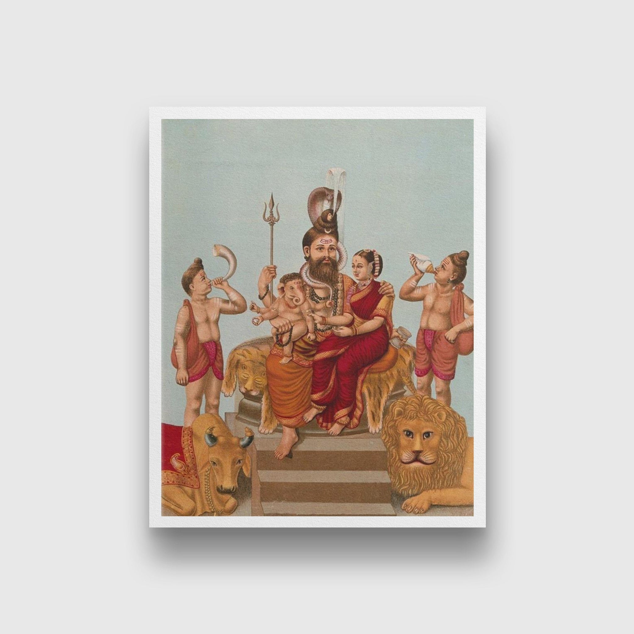 Shiva Parvati and Ganesha attended by Nandi Painting - Meri Deewar - MeriDeewar