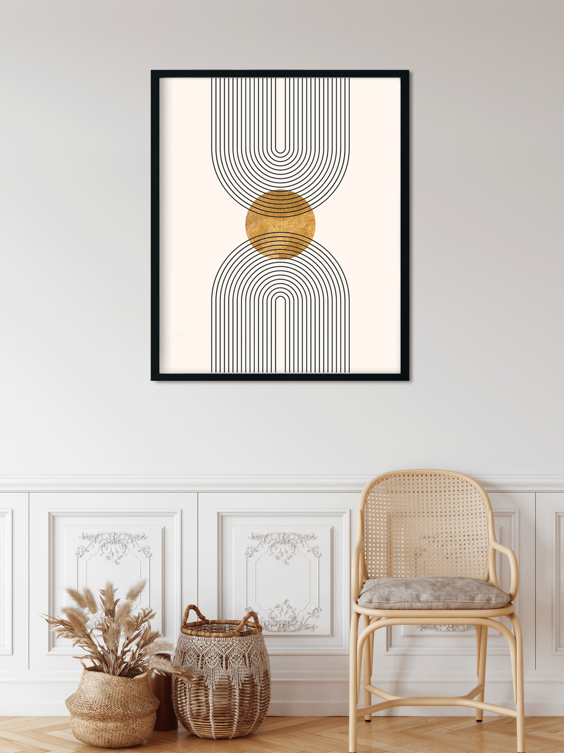 Boho art with rainbow golden shape Painting