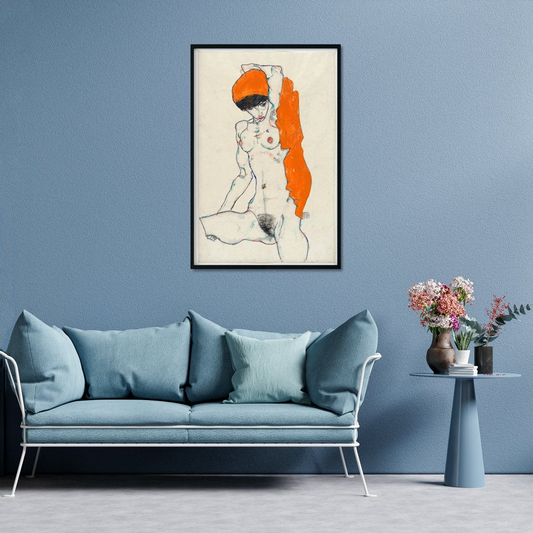 Standing Nude with Orange Drapery Painting - Meri Deewar - MeriDeewar