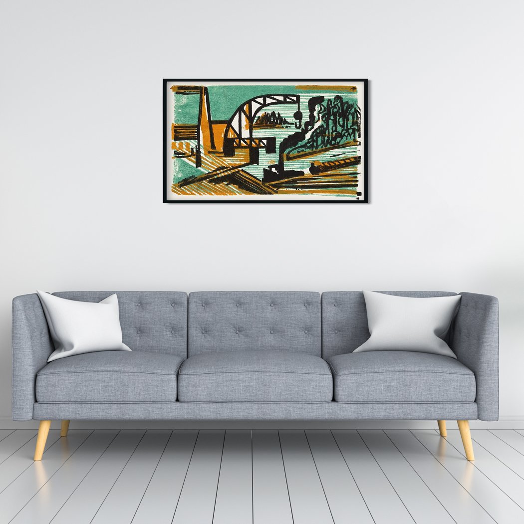 River Landscape with Crane and Barges Painting MeriDeewar - MeriDeewar