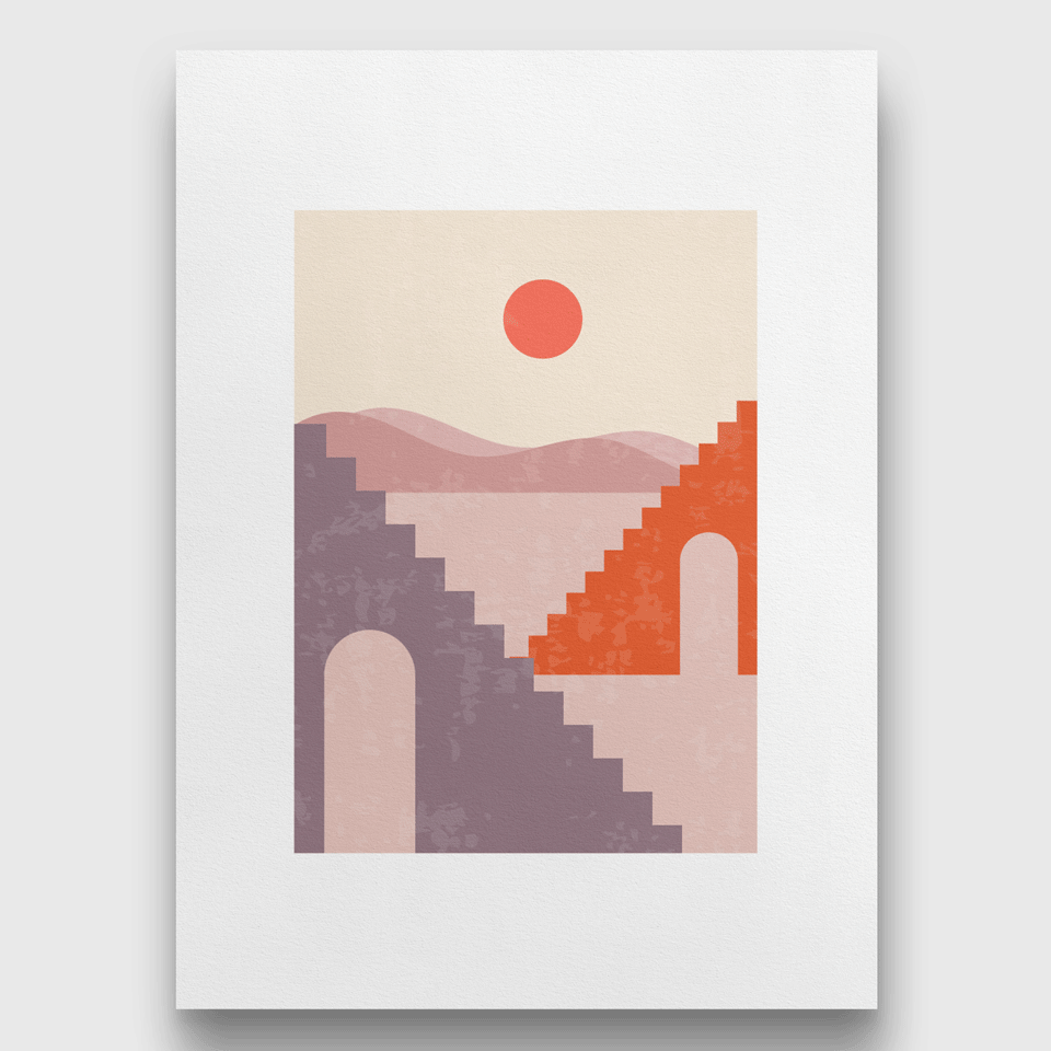 Minimalist Geometric Art Sun and Mountain Painting