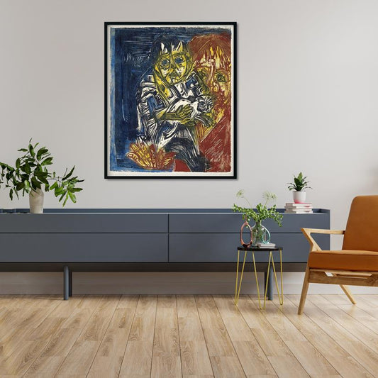 Woman with a Child and a Cat Painting - MeriDeewar - MeriDeewar