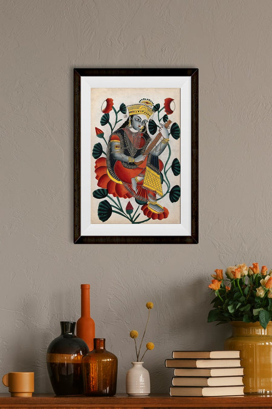 Sarasvati-sitting-on-lotuses-plying-her-vina.-Watercolour-drawing Painting - Meri Deewar
