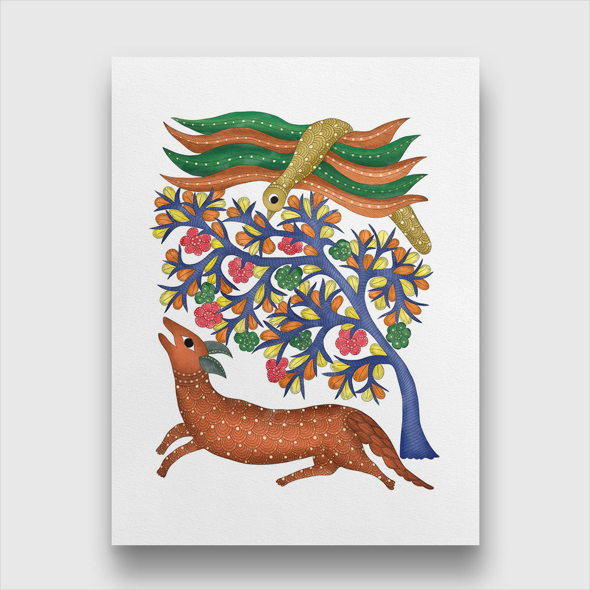 Gond Art Peacock Tree and Deer