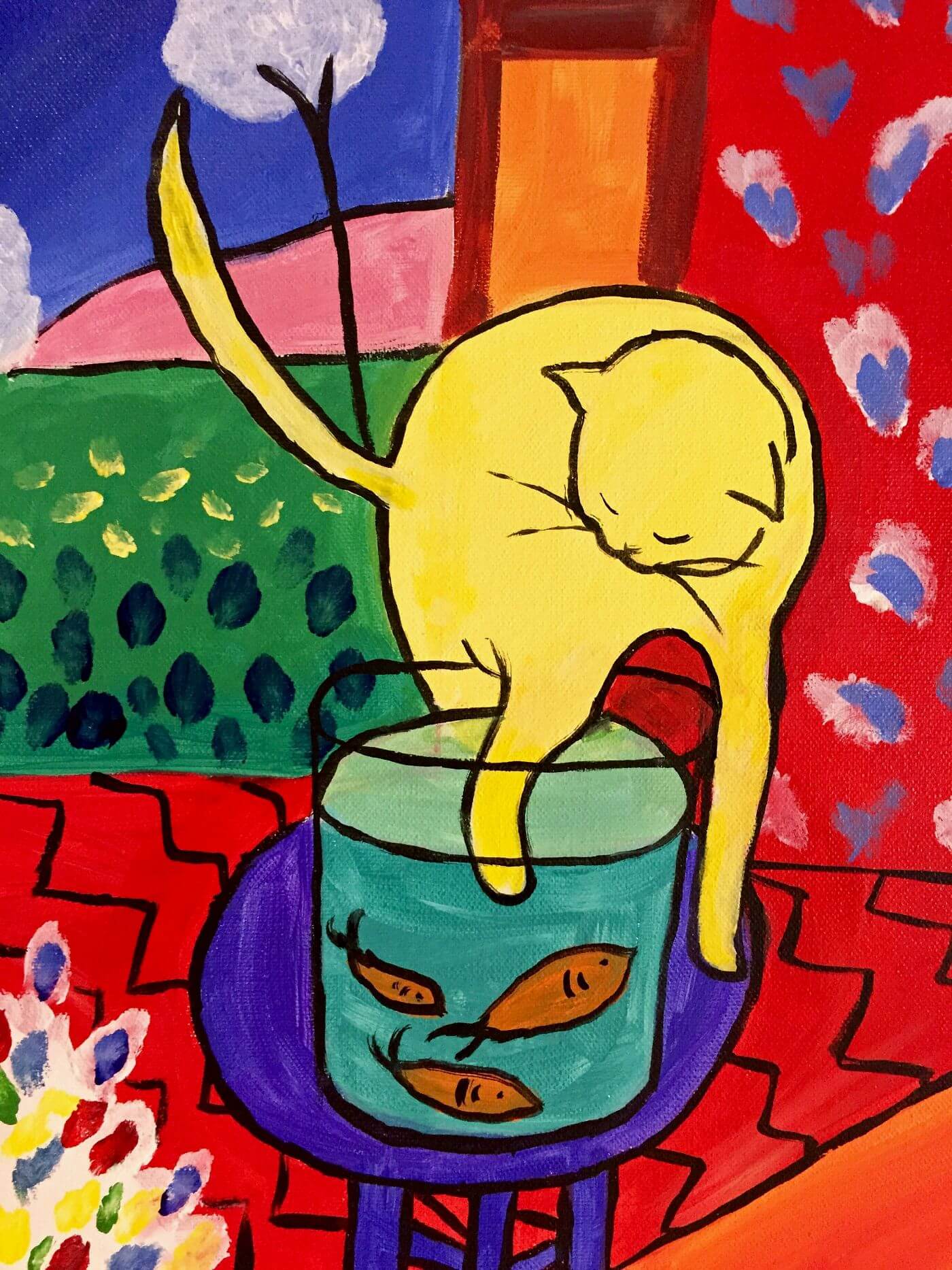 Cat With Red Fish Painting - Meri Deewar - MeriDeewar
