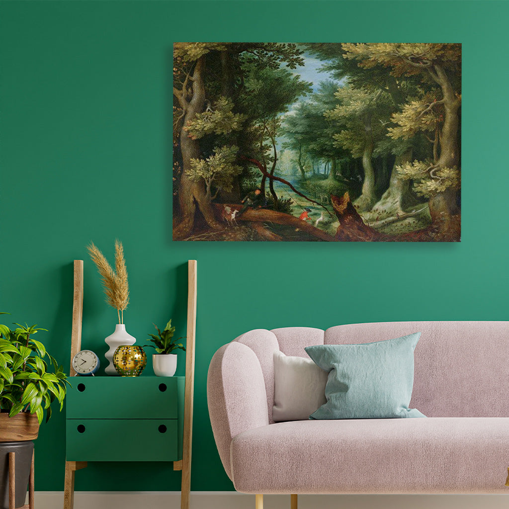 Forest Landscape With Stag Hunt Painting - Meri Deewar - MeriDeewar