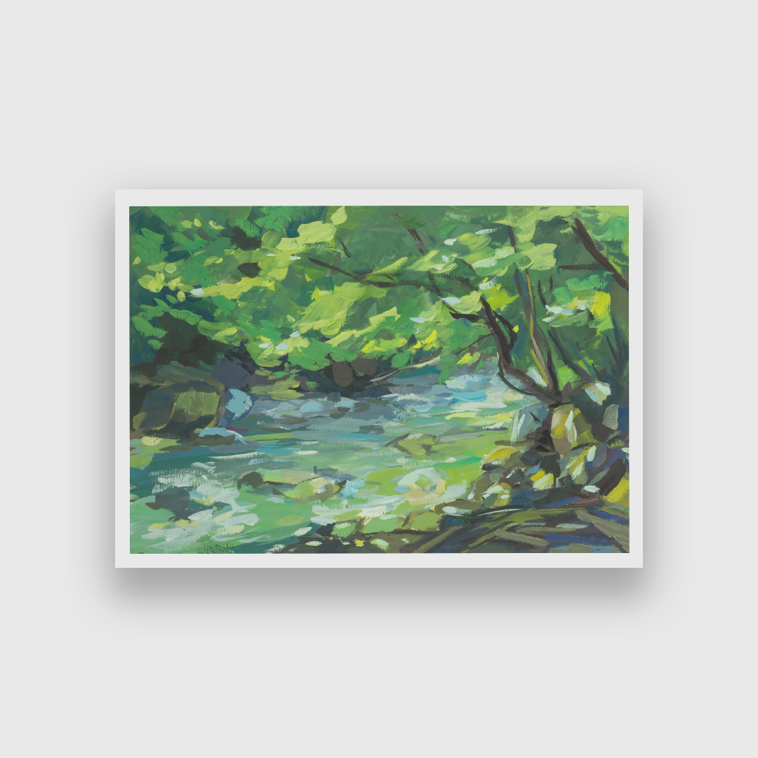 Green Forest River Gouache Colorful Painting
