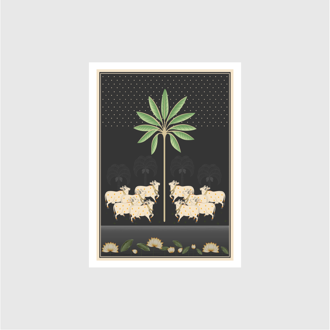 A Beautiful Indian Cow Pichwai Rajasthani Art Painting - Meri Deewar 3 : 4.2 Vertical Premium Wall Art Canvas by MeriDeewar