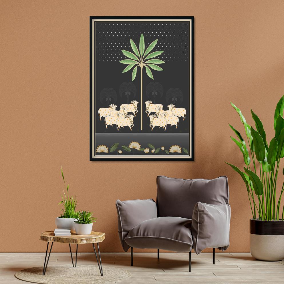 A Beautiful Indian Cow Pichwai Rajasthani Art Painting - Meri Deewar 3 : 4.2 Vertical Premium Wall Art Canvas by MeriDeewar