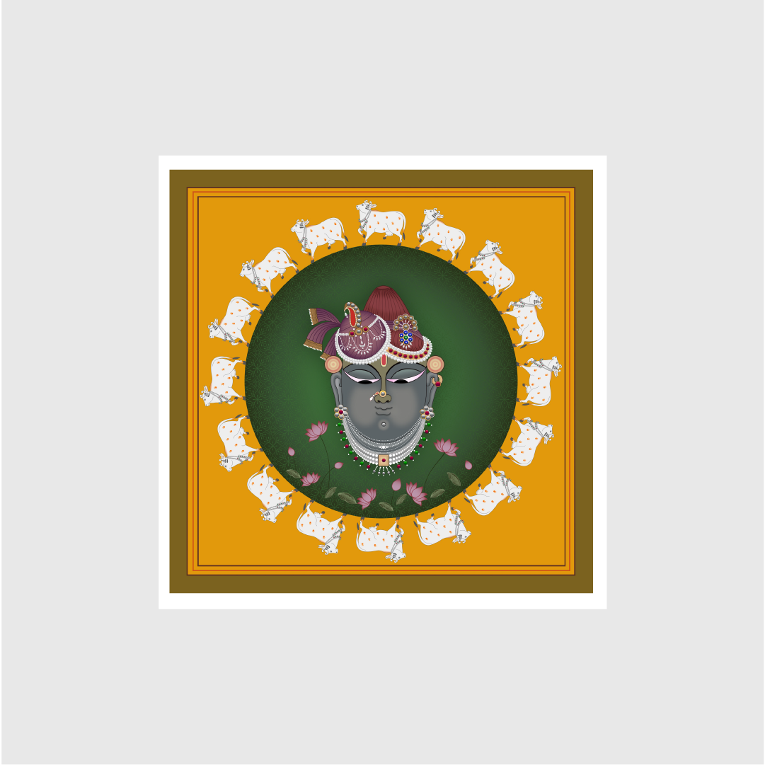 A Beautiful Lord Shreenathji Pichwai Painting with White Cow and Lotus - Meri Deewar 1 : 1 Square Premium Wall Art Canvas by MeriDeewar