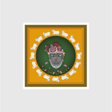 A Beautiful Lord Shreenathji Pichwai Painting with White Cow and Lotus - Meri Deewar 1 : 1 Square Premium Wall Art Canvas by MeriDeewar