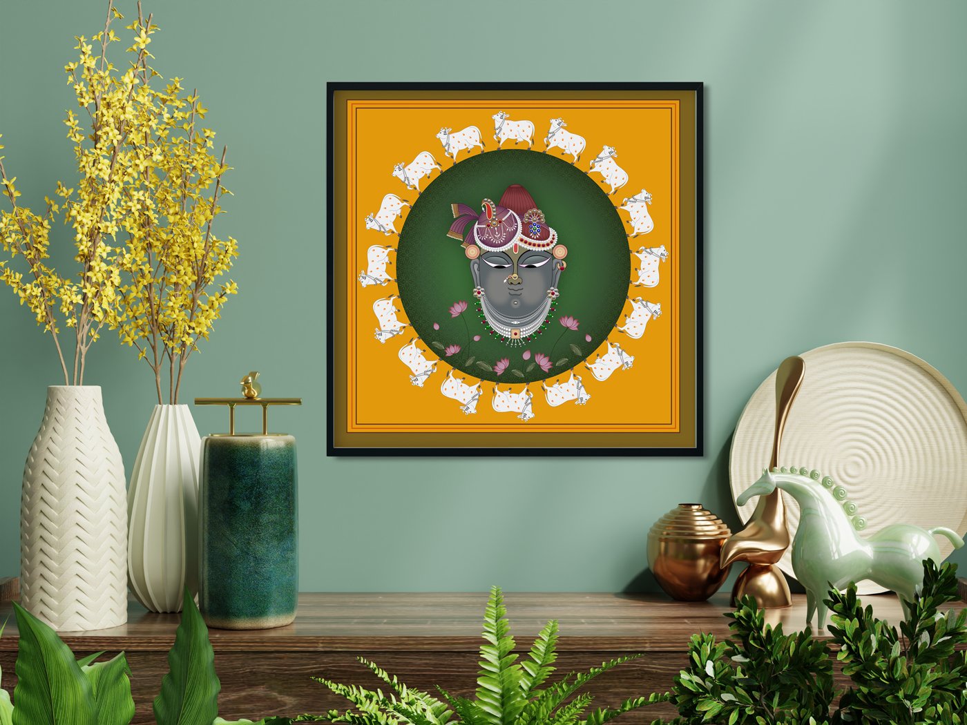 A Beautiful Lord Shreenathji Pichwai Painting with White Cow and Lotus - Meri Deewar 1 : 1 Square Premium Wall Art Canvas by MeriDeewar