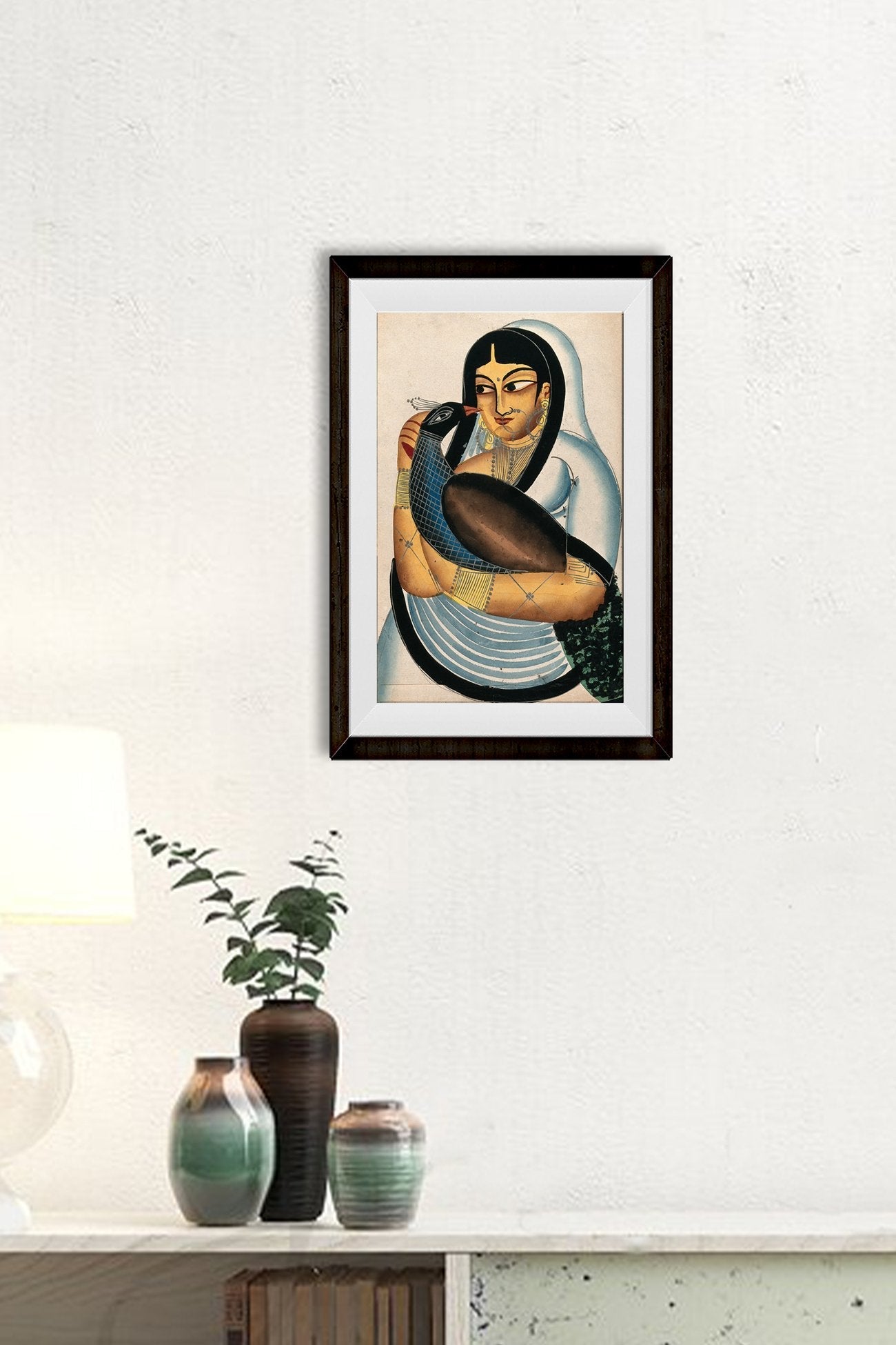 A-courtesan-carrying-a-peacock Painting-Meri Deewar 2 : 3 Vertical Premium Wall Art Canvas by MeriDeewar