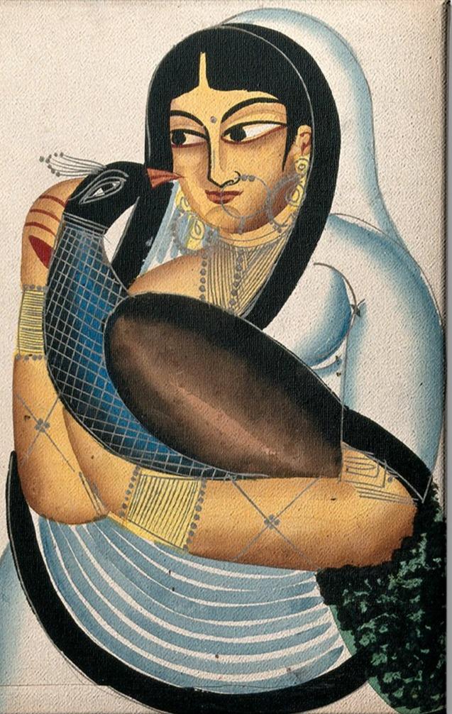 A-courtesan-carrying-a-peacock Painting-Meri Deewar 2 : 3 Vertical Premium Wall Art Canvas by MeriDeewar