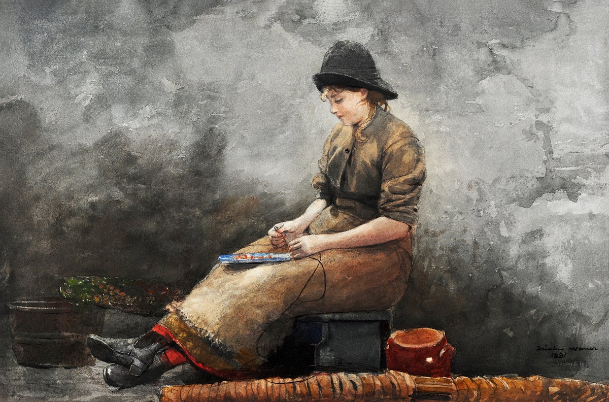 A Fishergirl Baiting Lines painting - Meri Deewar 3 : 2 Horizontal Premium Wall Art Canvas by MeriDeewar