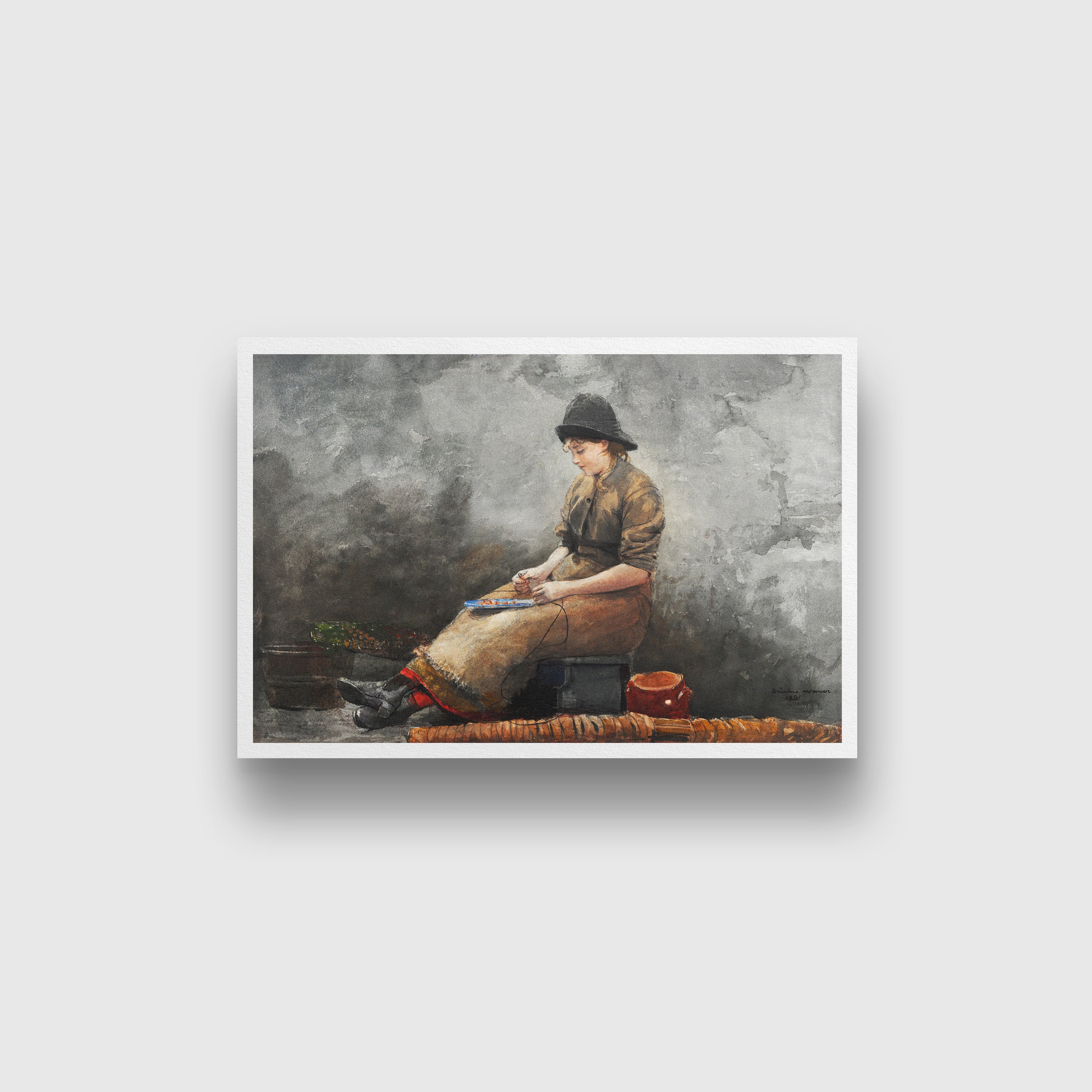 A Fishergirl Baiting Lines painting - Meri Deewar 3 : 2 Horizontal Premium Wall Art Canvas by MeriDeewar