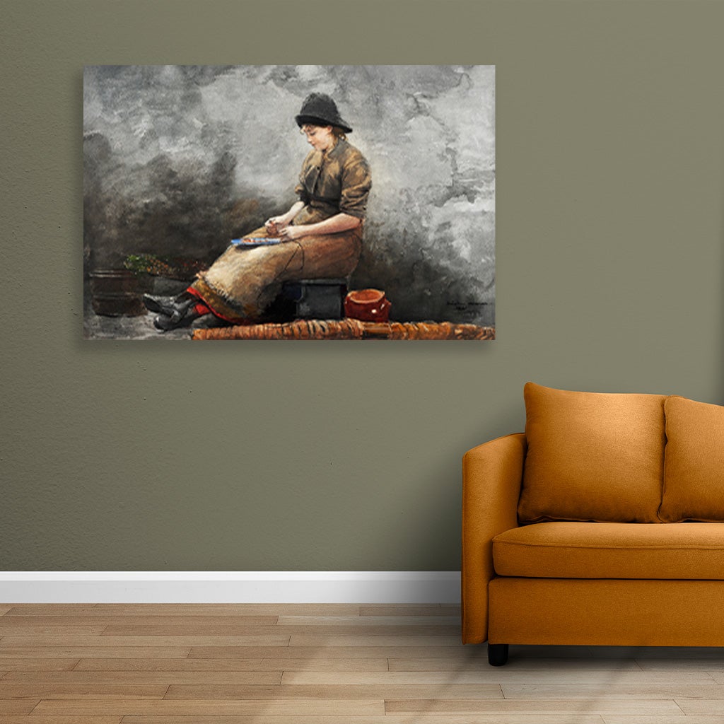 A Fishergirl Baiting Lines painting - Meri Deewar 3 : 2 Horizontal Premium Wall Art Canvas by MeriDeewar