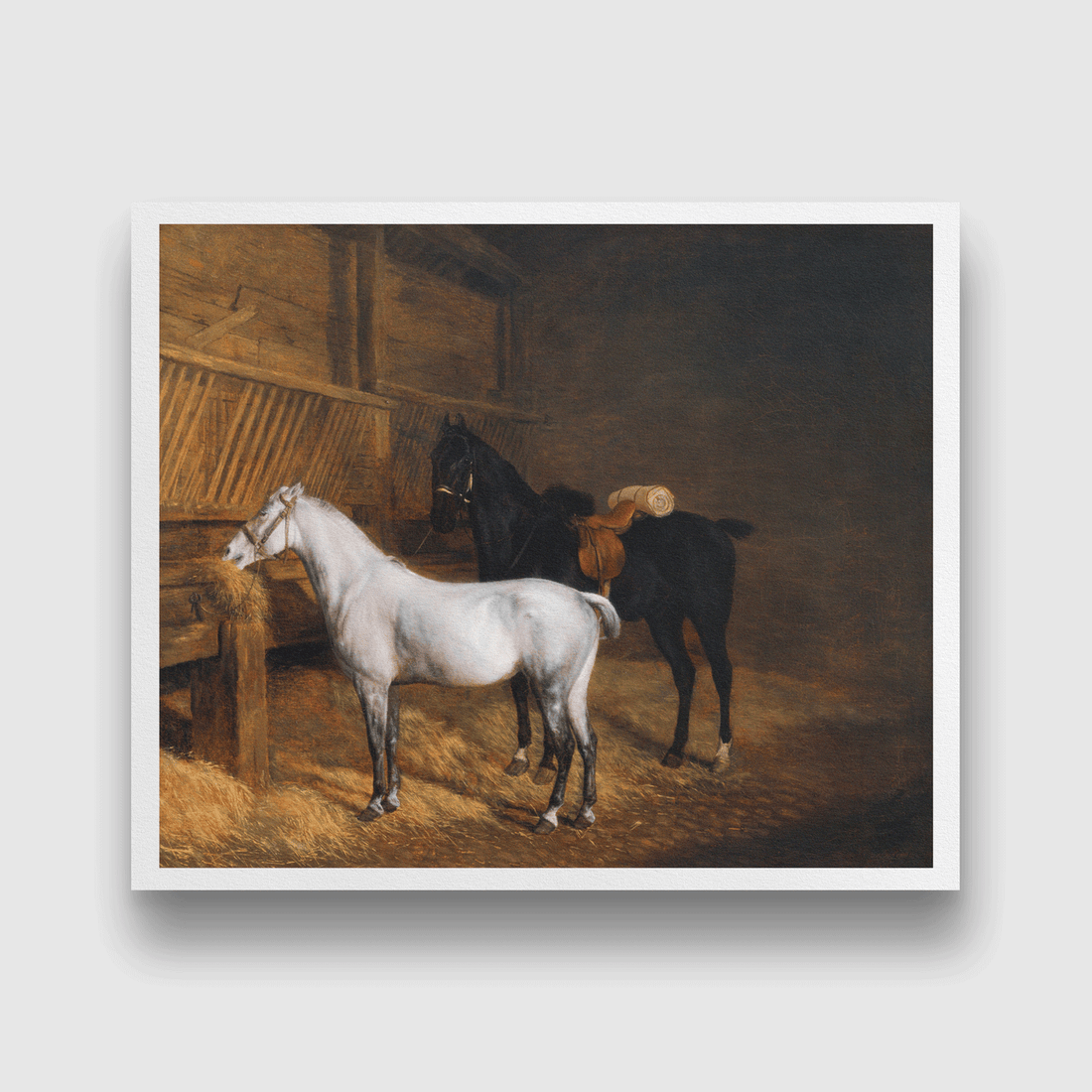 A Grey Pony and a Black Charger in a Stable Painting 6 : 5 Horizontal Premium Wall Art Canvas by MeriDeewar