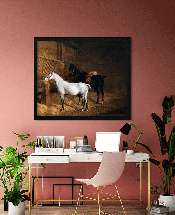 A Grey Pony and a Black Charger in a Stable Painting 6 : 5 Horizontal Premium Wall Art Canvas by MeriDeewar