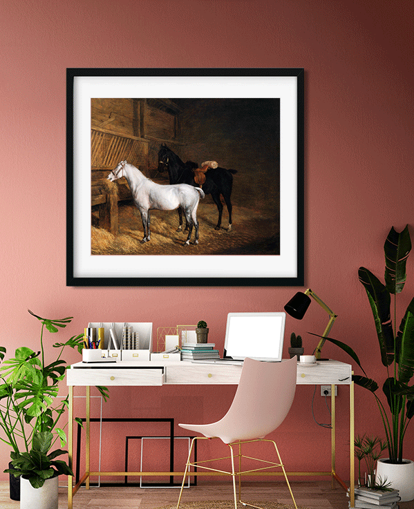 A Grey Pony and a Black Charger in a Stable Painting 6 : 5 Horizontal Premium Wall Art Canvas by MeriDeewar