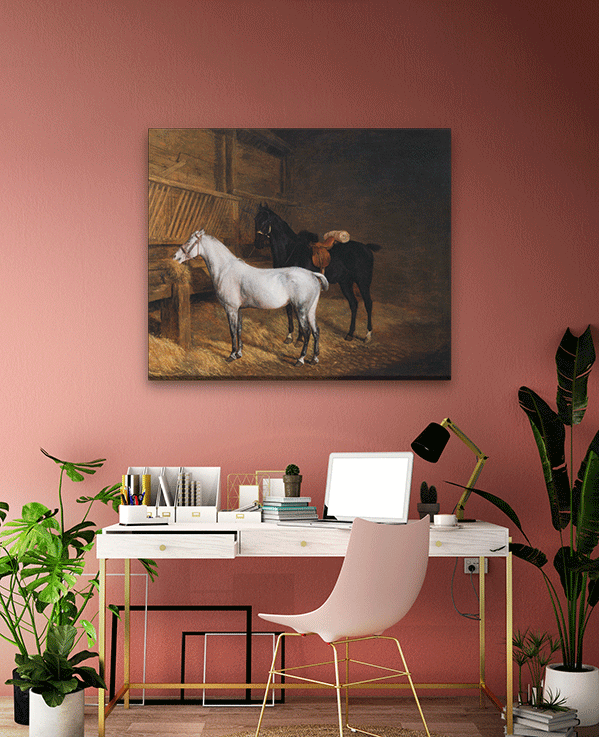 A Grey Pony and a Black Charger in a Stable Painting 6 : 5 Horizontal Premium Wall Art Canvas by MeriDeewar
