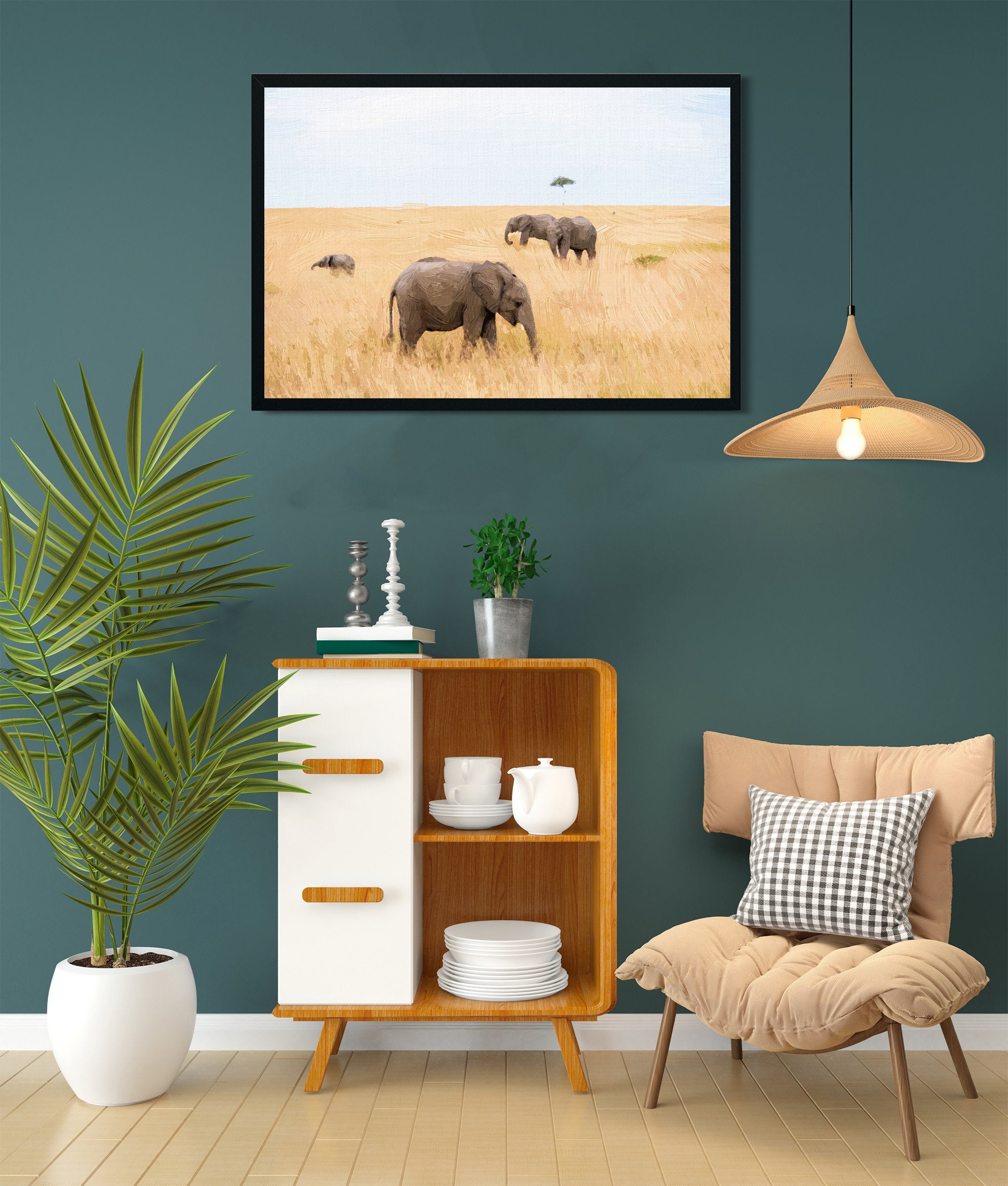 A herd of walking elephants in the Kruger national park painting - Meri Deewar 3 : 2 Horizontal Premium Wall Art Canvas by MeriDeewar