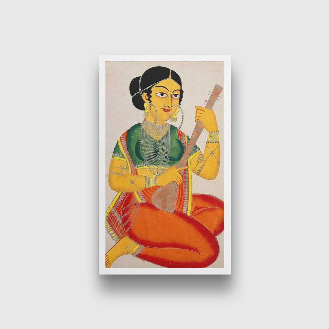 A-seated-courtesan-playing-a-sitar Painting-Meri Deewar 2 : 3 Vertical Premium Wall Art Canvas by MeriDeewar