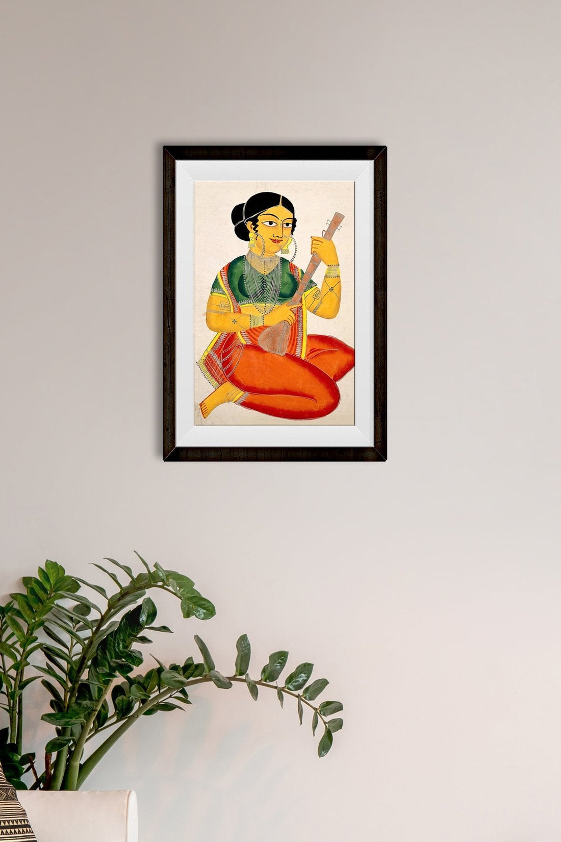 A-seated-courtesan-playing-a-sitar Painting-Meri Deewar 2 : 3 Vertical Premium Wall Art Canvas by MeriDeewar