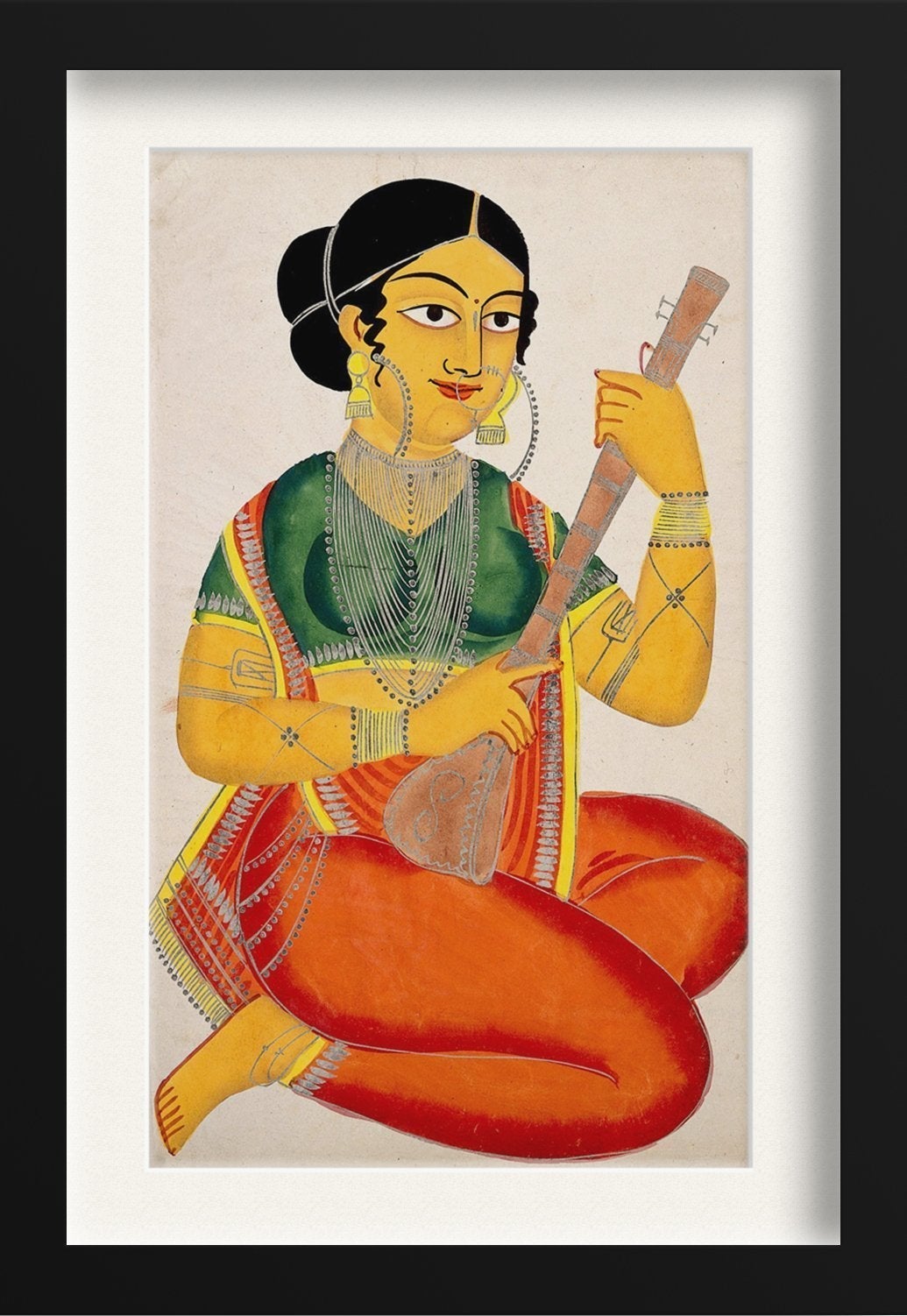 A-seated-courtesan-playing-a-sitar Painting-Meri Deewar 2 : 3 Vertical Premium Wall Art Canvas by MeriDeewar