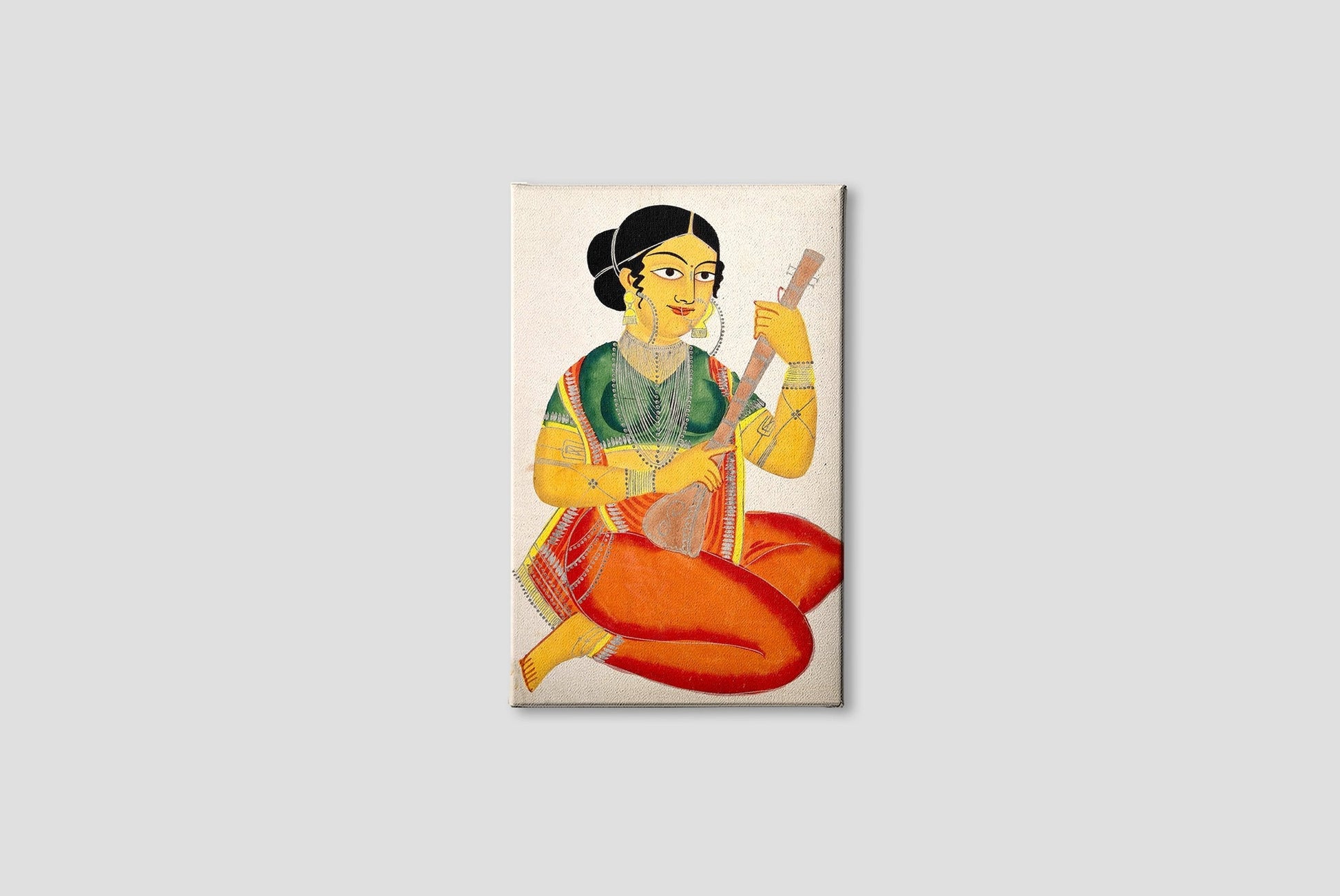A-seated-courtesan-playing-a-sitar Painting-Meri Deewar 2 : 3 Vertical Premium Wall Art Canvas by MeriDeewar