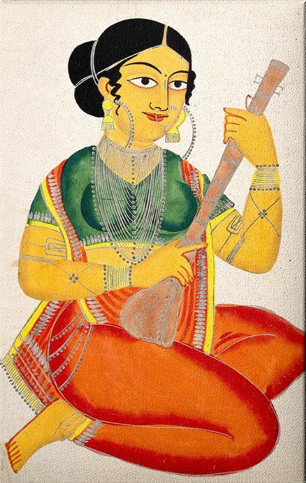 A-seated-courtesan-playing-a-sitar Painting-Meri Deewar 2 : 3 Vertical Premium Wall Art Canvas by MeriDeewar