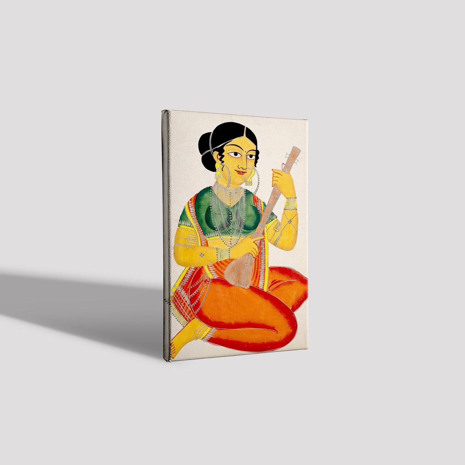 A-seated-courtesan-playing-a-sitar Painting-Meri Deewar 2 : 3 Vertical Premium Wall Art Canvas by MeriDeewar