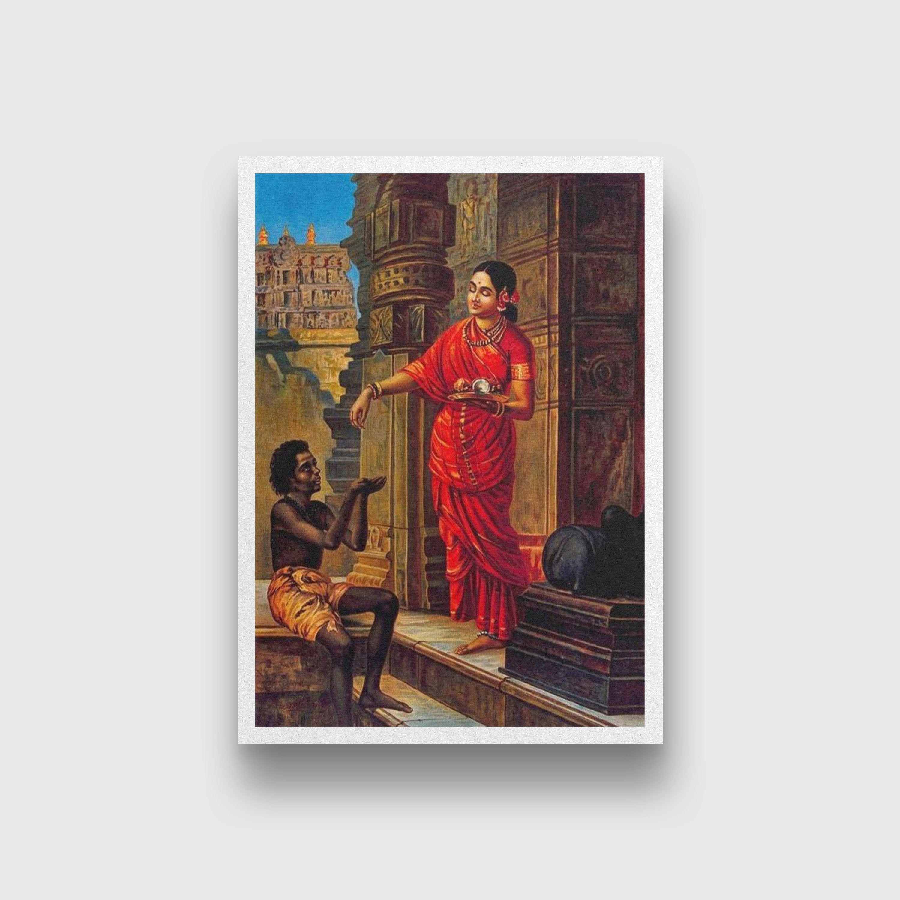 A woman giving alms to a beggar outside a temple to Lord Shiva Painting - Meri Deewar 4 X 5.5 Vertical Premium Wall Art Canvas by MeriDeewar