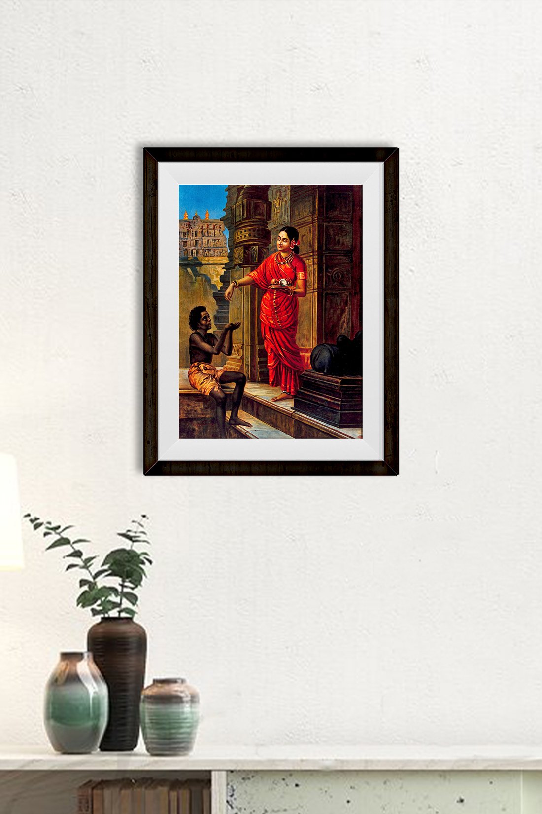 A woman giving alms to a beggar outside a temple to Lord Shiva Painting - Meri Deewar 4 X 5.5 Vertical Premium Wall Art Canvas by MeriDeewar