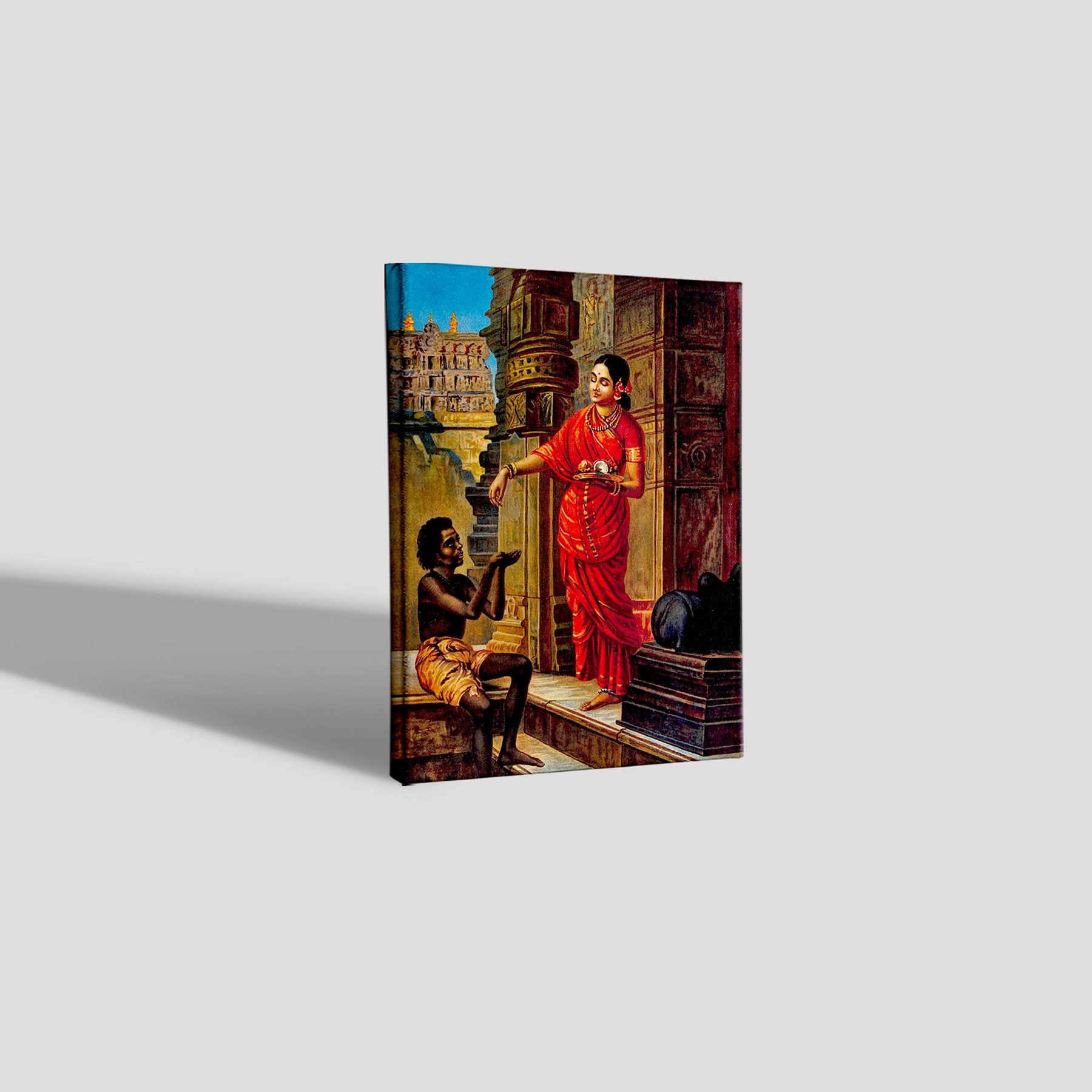 A woman giving alms to a beggar outside a temple to Lord Shiva Painting - Meri Deewar 4 X 5.5 Vertical Premium Wall Art Canvas by MeriDeewar