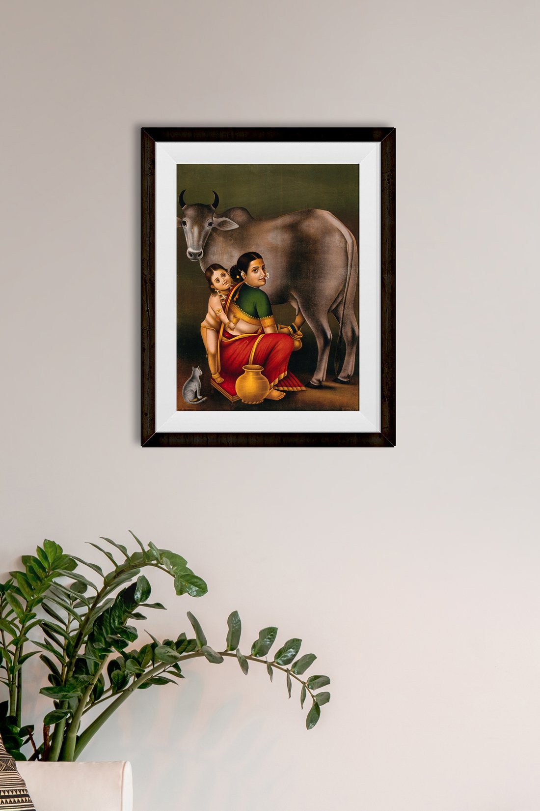 A woman milking a cow with a child Painting-Meri Deewar 2 : 3 Vertical Premium Wall Art Canvas by MeriDeewar