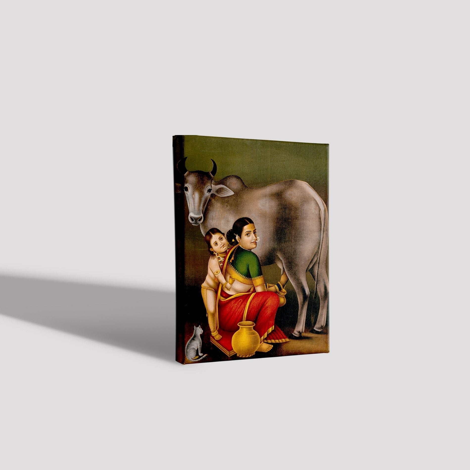 A woman milking a cow with a child Painting-Meri Deewar 2 : 3 Vertical Premium Wall Art Canvas by MeriDeewar