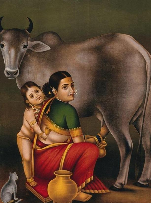 A woman milking a cow with a child Painting-Meri Deewar 2 : 3 Vertical Premium Wall Art Canvas by MeriDeewar