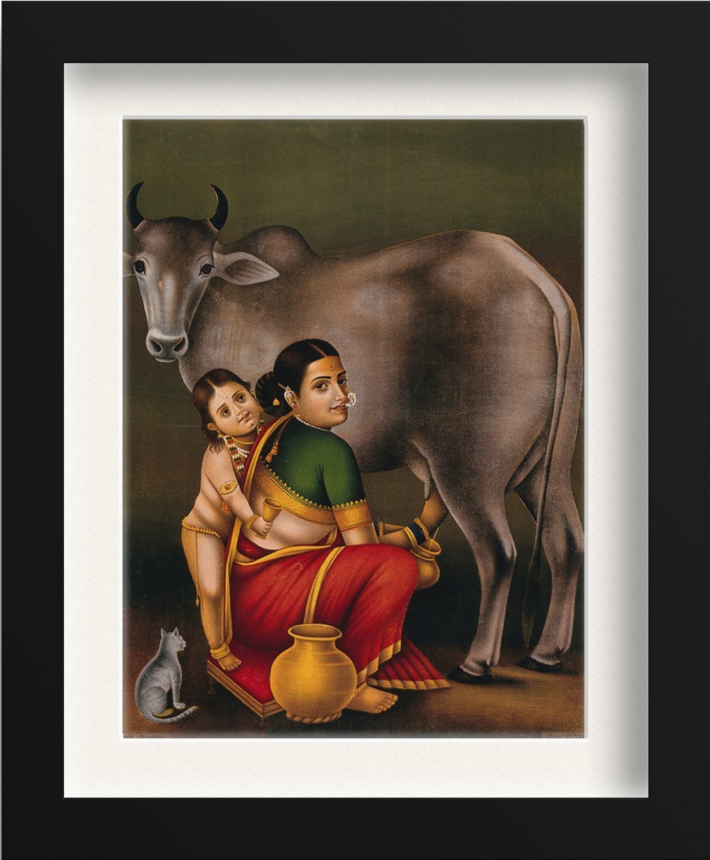 A woman milking a cow with a child Painting-Meri Deewar 2 : 3 Vertical Premium Wall Art Canvas by MeriDeewar
