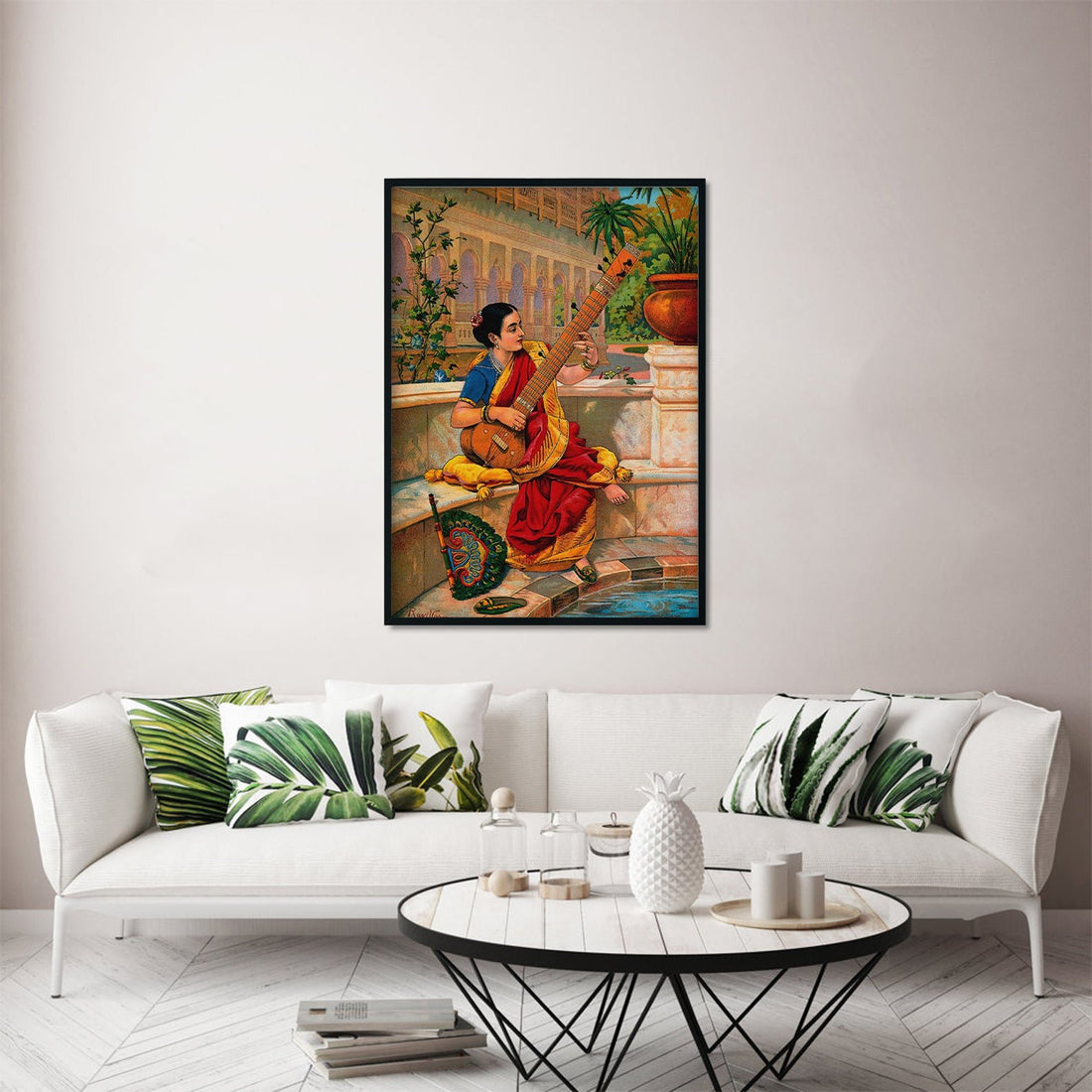 A Woman Playing Sitar Painting By Raja Ravi Varma Painting - Meri Deewar 3 : 4.2 Vertical Premium Wall Art Canvas by MeriDeewar
