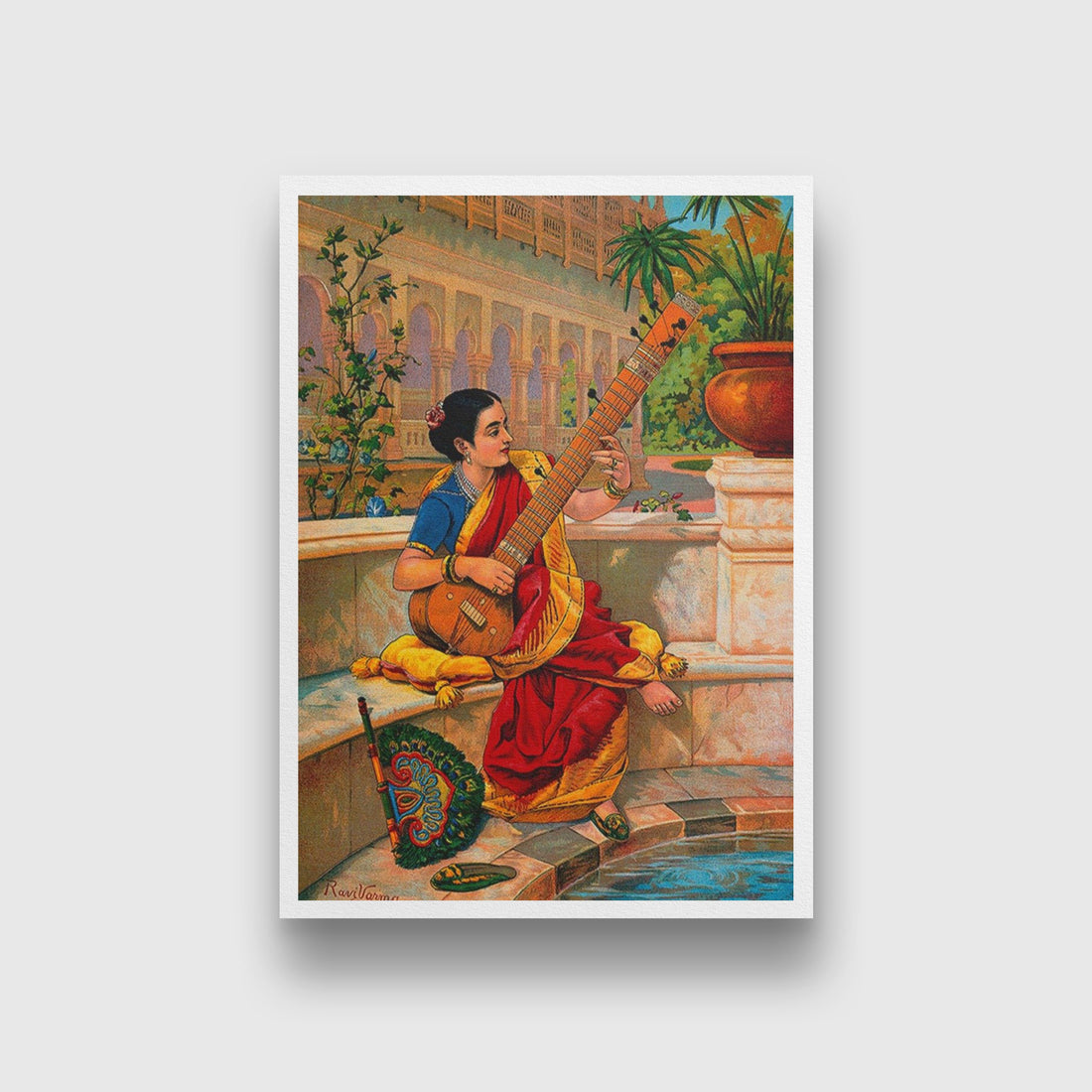A Woman Playing Sitar Painting By Raja Ravi Varma Painting - Meri Deewar 3 : 4.2 Vertical Premium Wall Art Canvas by MeriDeewar