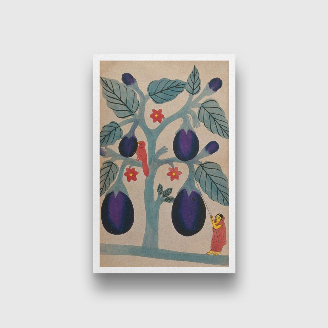 A-woman-pulling-giant-aubergines-from-a-tree Painting-Meri Deewar 2 : 3 Vertical Premium Wall Art Canvas by MeriDeewar