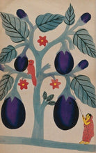 A-woman-pulling-giant-aubergines-from-a-tree Painting-Meri Deewar 2 : 3 Vertical Premium Wall Art Canvas by MeriDeewar
