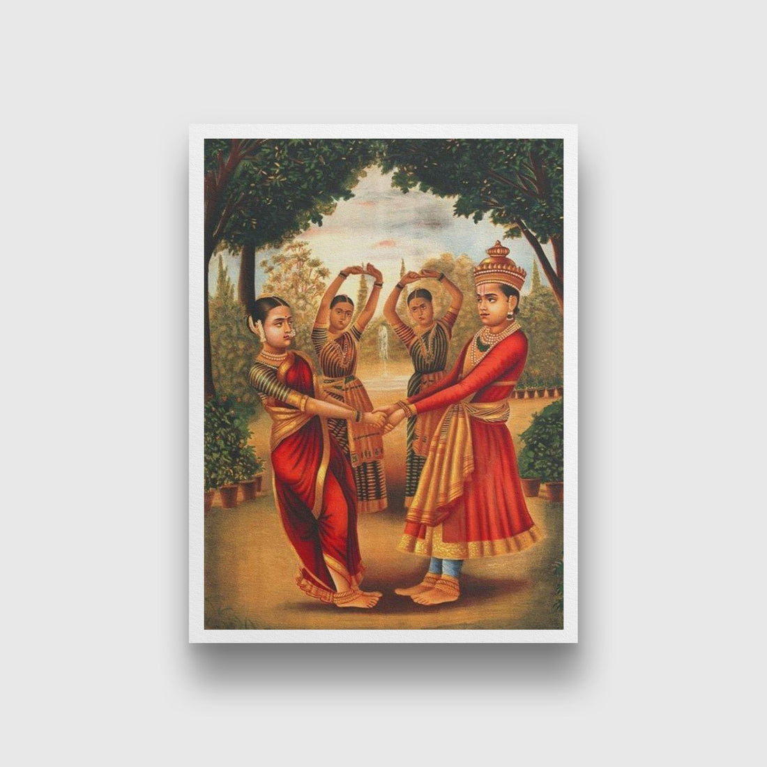A-young-girl-and-boy-dance-in-a-garden Painting-Meri Deewar 3 : 4 Vertical Premium Wall Art Canvas by MeriDeewar