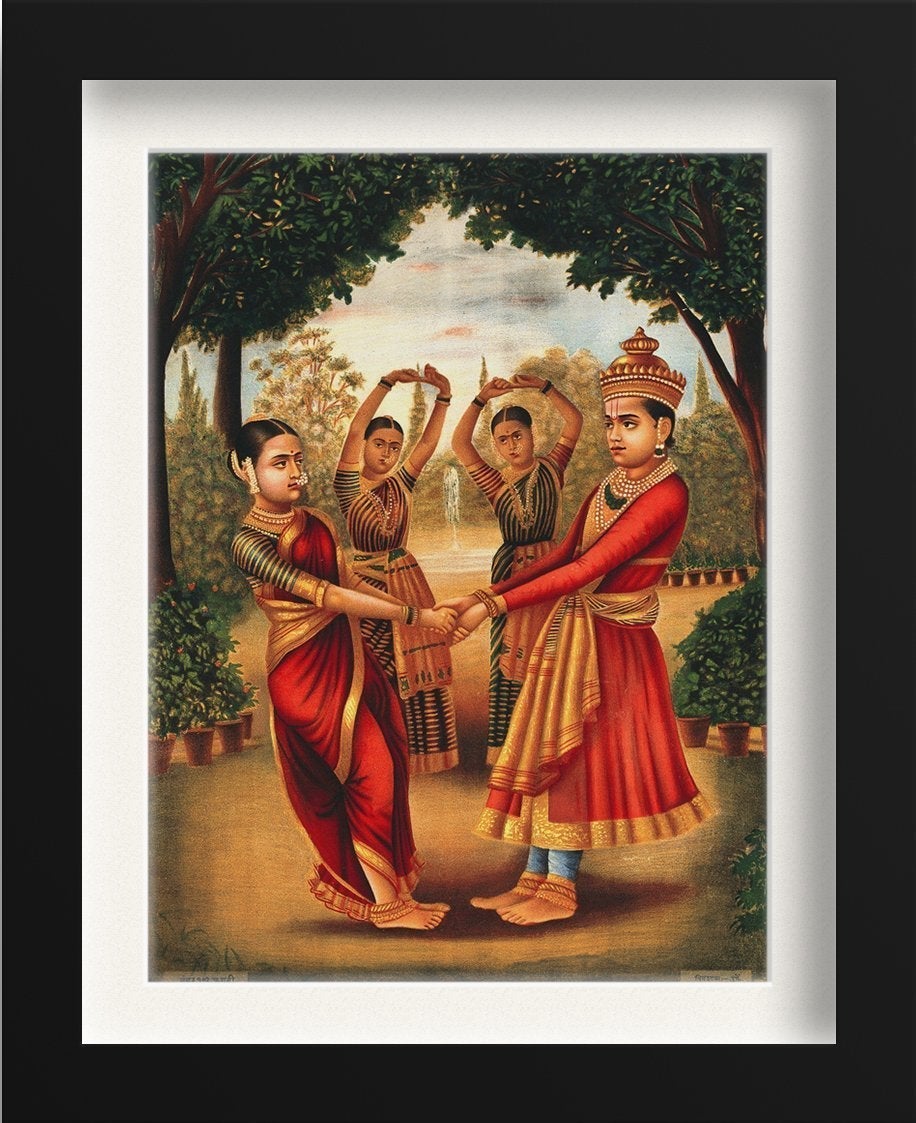 A-young-girl-and-boy-dance-in-a-garden Painting-Meri Deewar 3 : 4 Vertical Premium Wall Art Canvas by MeriDeewar