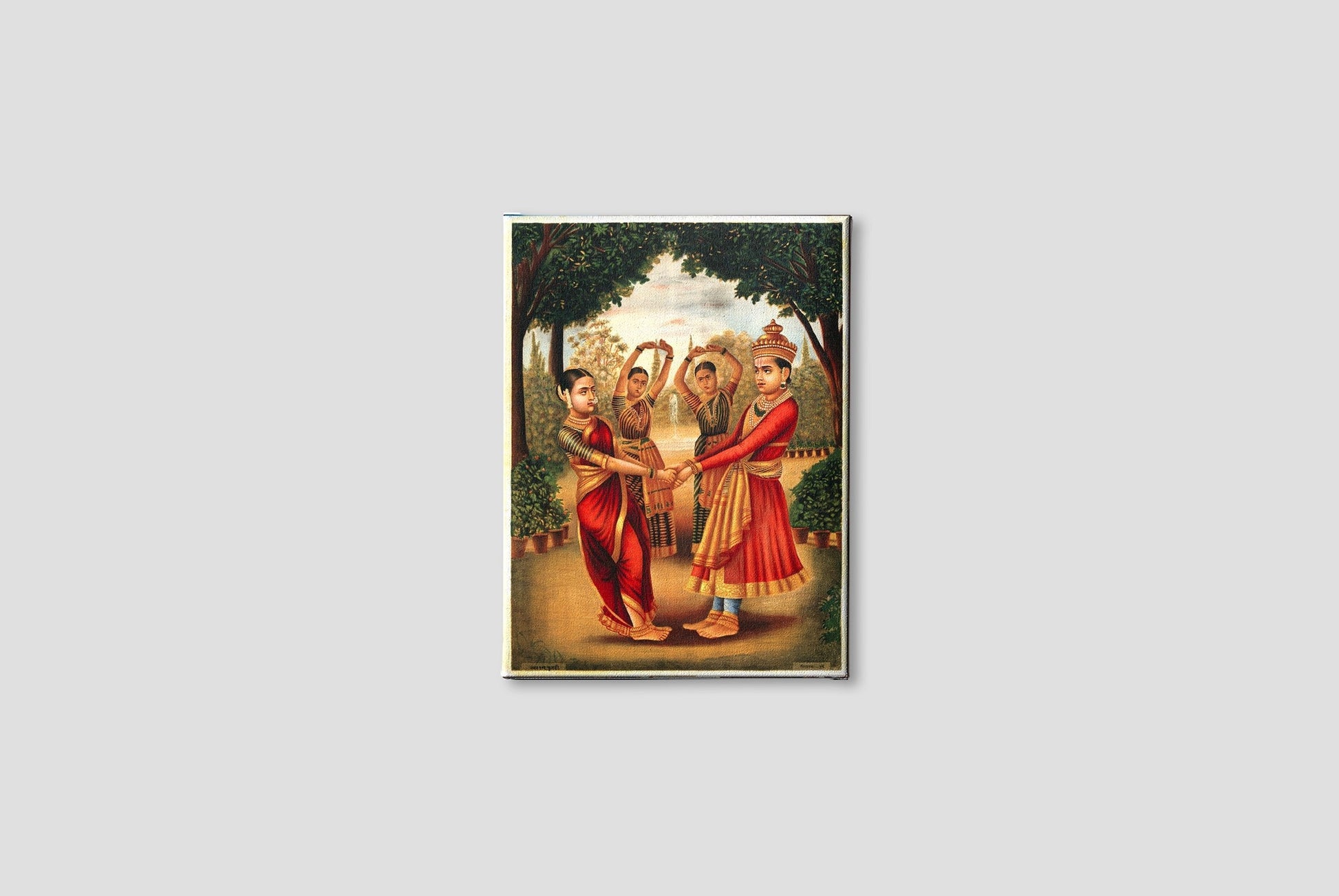A-young-girl-and-boy-dance-in-a-garden Painting-Meri Deewar 3 : 4 Vertical Premium Wall Art Canvas by MeriDeewar