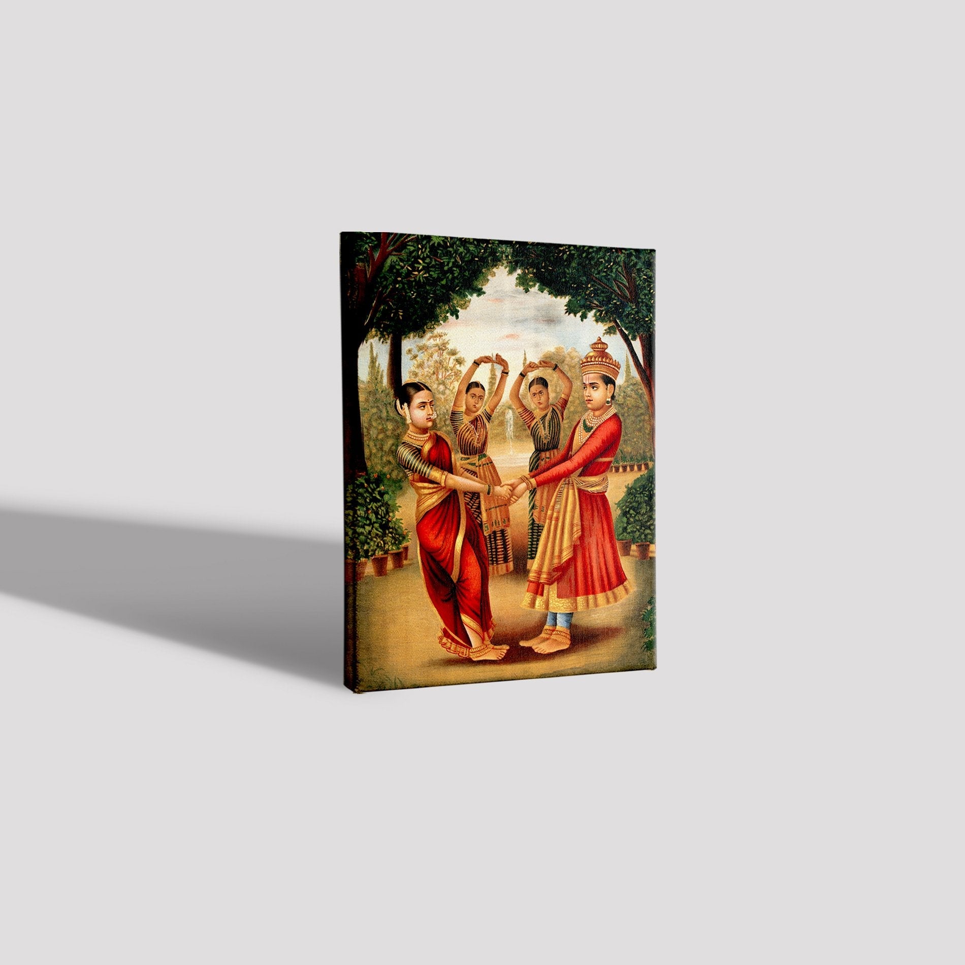 A-young-girl-and-boy-dance-in-a-garden Painting-Meri Deewar 3 : 4 Vertical Premium Wall Art Canvas by MeriDeewar