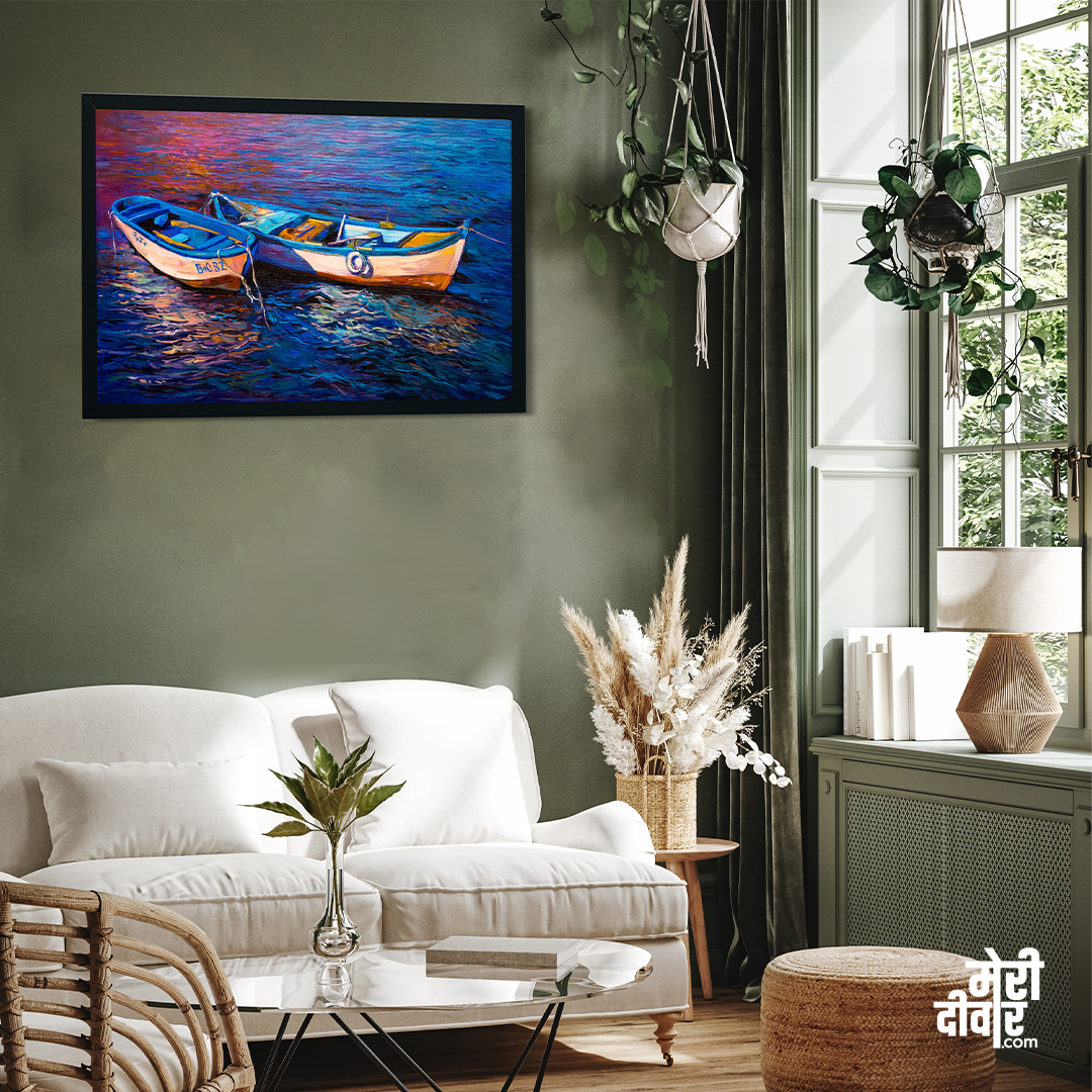 Abstract Design Boat in River Wall painting 4 : 3 Horizontal Premium Wall Art Canvas by MeriDeewar