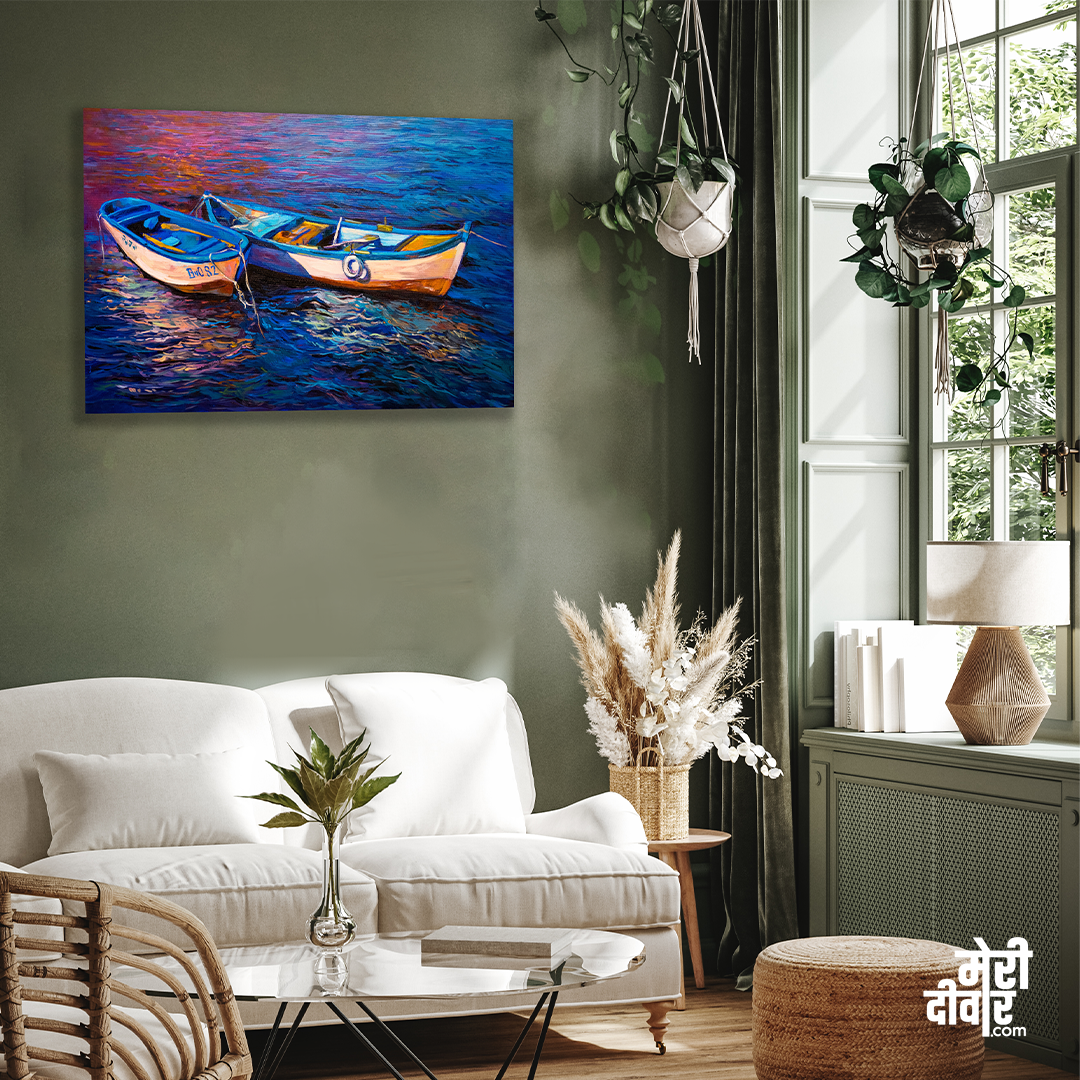 Abstract Design Boat in River Wall painting 4 : 3 Horizontal Premium Wall Art Canvas by MeriDeewar