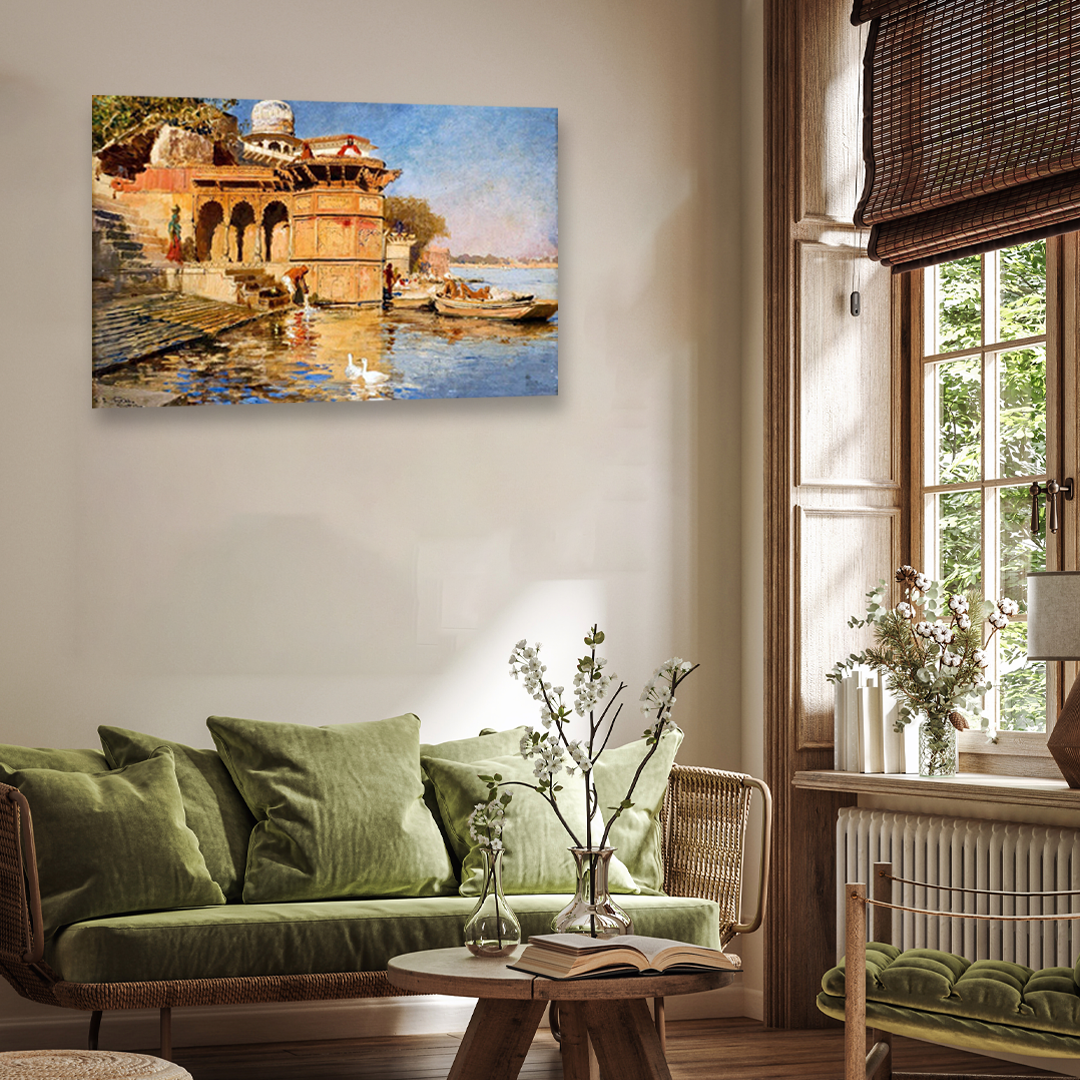 Along the Ghats Mathura Painting 3 : 2 Horizontal Premium Wall Art Canvas by MeriDeewar